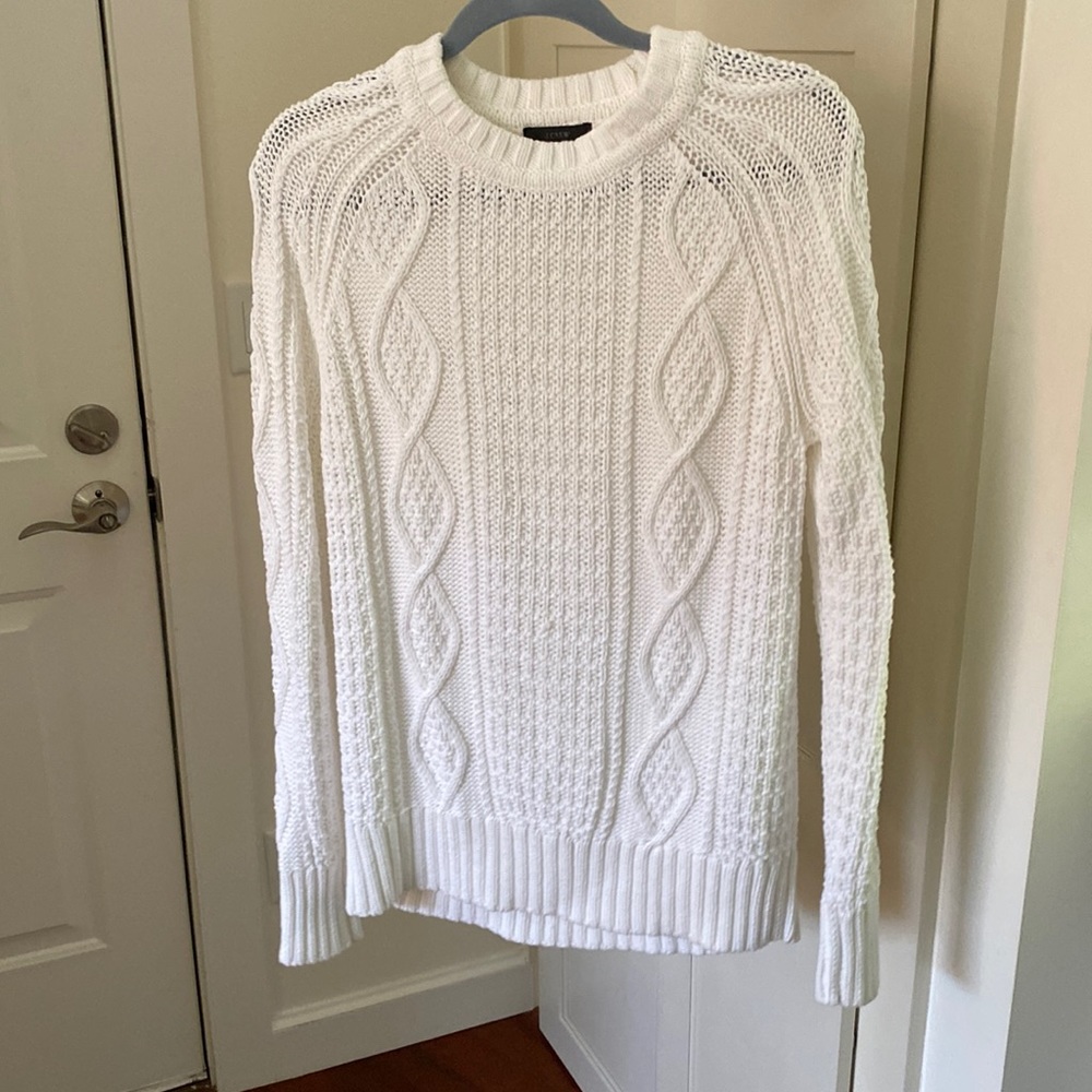 J. Crew White Cable-Knit Crewneck Sweater